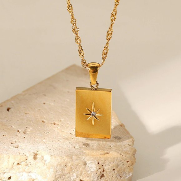 Star Zircon PVD 18K Gold Plated Rectangle Pendant Necklace Stainless Ste… - Picture 4 of 9